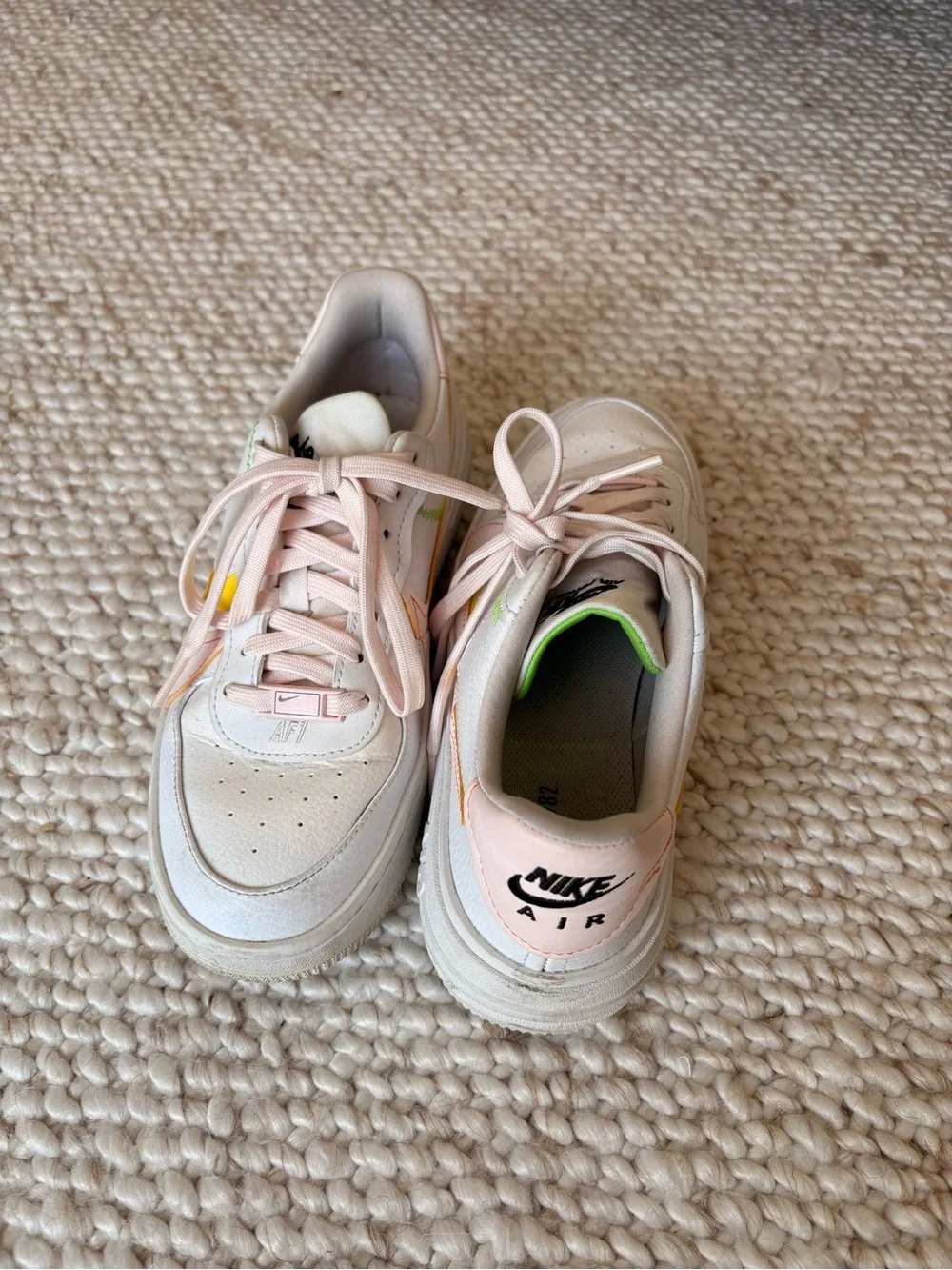 Nike White and Pink Leather Sneakers with Yellow Accent